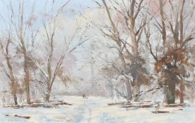 Roy Perry (1935-1993) British, figures walking in a winter landscape, oil on board, signed, 10