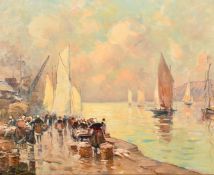 Circle of Henri Barnoin, A busy quayside with women gutting fish and sailing boats on the water, oil