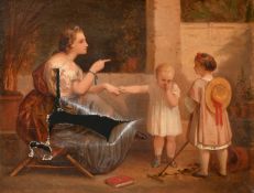 Henri Picou (19th Century), A seated lady with two children, one being told off, oil on canvas,