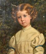 19th Century English School, a head and shoulders portrait of a girl in a white dress, oil on