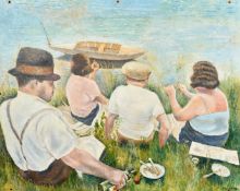 M. Drinan, A family lunching on a riverbank, signed, oil on panel, with a portrait of a lady