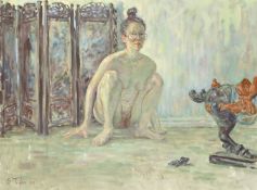 Shelia Tiffin (20th Century) An interior scene with nude young woman in a squatting position on