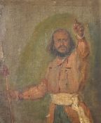 Circle of R.P. Bonington, A gentleman in a heroic pose holding a spear, oil sketch on board,
