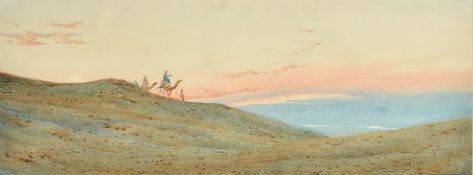 August Osborne Lamplough (1877-1930) Figures with camels and boats at the edge of a river with