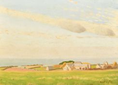 Robert Morson Hughes (1873-1953) British, A view of farm buildings and houses by the sea, oil on