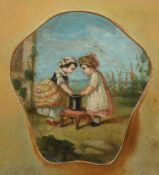 19th Century, Continental School, Children playing outside, oils in a fan shape, 8.5