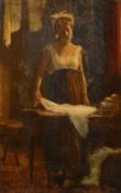 Late 19th Century, an interior scene with a woman standing holding a corner of fabric laying on a