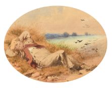 Late 19th Century, A young boy lying down on grass asleep near open water, watercolour,
