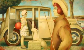 Favio Hurtado, a colour print, of a lady, child and dog by a vintage motor car, 15.25