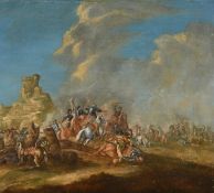 P. Wouwerman, 17th Century, Dutch, a pair of oil on canvas scenes of cavalry skirmishes, signed,