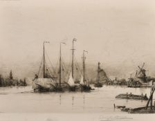 Leigh Harrison Hunt (1858-1937), boats in a harbour, etching, signed in pencil, plate size 14