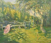 Dorothy Arnold, circa 1914, a garden in the summer, oil on canvas, signed and inscribed verso '