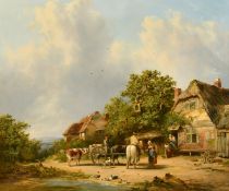 Richard Hilder (1813-1852) British, figures gathered outside the Bell Inn, with inscription '