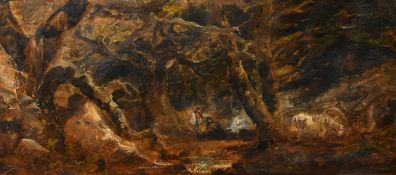 19th Century Continental School, An encampment in a wood, oil on panel, 5.5