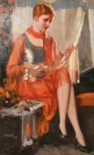 Clifford Cyril Webb (1895-1972) British, Portrait of an elegant lady seated holding a stocking,