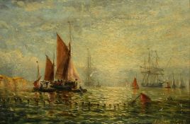 Adolphus Knell (1802-1875), A busy shipping scene off the coast with fishing nets cast and sailing