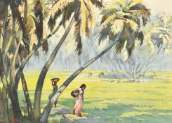 G.D. Paulraj (1914-1989) Indian, female figures carrying produce on a tree lined pathway,