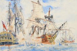 Manner of Frank Brangwyn, Men of War in a battle, watercolour, 14.75