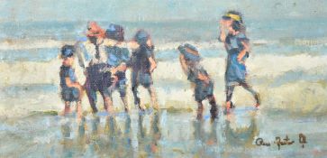 Ross Foster (20th Century), Children playing and paddling on the beach, one oil on canvas, signed,