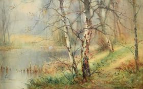 Taylor Ireland (1894-1921) British, Autumn, swans on a pond in a forest with silver birch trees,