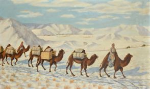 Mid-20th Century, a train of camels passing through a snowy landscape, oil on canvas, possibly a
