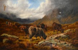 William Perring Hollyer (1834-1922) British, Highland Cattle watering in a stream by a Loch under