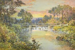 Arthur Suker (1857-1902) British, A river scene with a bridge and the setting sun, watercolour,