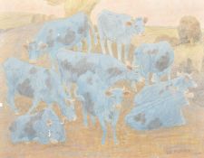 Modern British, Cattle in a field, tempera on panel, signed Du Pontet and dated 1956, 14.25