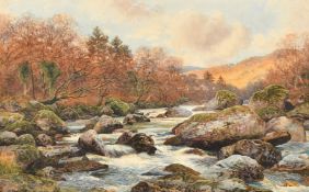 George Drummond Fish (1876-1938), A tree lined river scene with large boulders, watercolour, signed,