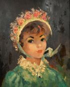 French School (20th Century) Portrait of a young woman wearing a bonnet with flowers, oil on