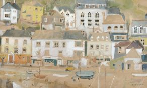 K.R. Emerson, A harbour village, watercolour and gouache, signed, 7.75