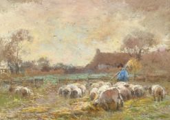 Claude Hayes (1852-1922) British, A rural scene with a cottage and a shepherd feeding sheep hay,