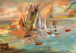 Dora Khayatt (1912-1986) Egypt, a study of sailboats on a river, oil on canvas, signed and dated