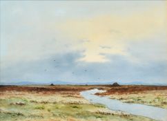 W.F. Cooper, Crofters cottage near a river with mountains in the distance, along with another