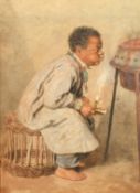 W. Hunt (19th Century), 'Lighting the Brazier', watercolour, signed, Agnews label verso, 14