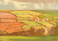 Robert Morson Hughes (1873-1953) British, an extensive landscape with fields and farm buildings in