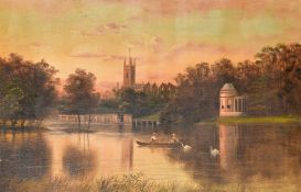 James Lewis, figures in a rowing boat by swans with a church beyond, oil on canvas, signed, 20