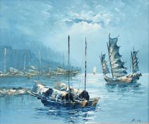 20th Century Asian School, a junk approaching a harbour under moonlight, oil on canvas, indistinctly