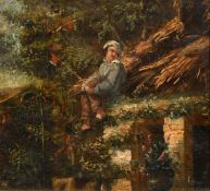 19th Century Continental School, 'The Thatcher', a young man sitting on the roof of a building,