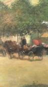 R. Pickford, A continental view of figures travelling in a coach, oil on canvas laid down, signed,