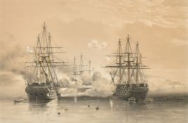 Day & Son after Duttin & Weedon, ships firing off Sebastopol, tinted lithograph, 12.5