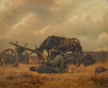 19th Century Continental School, A figure seated on the ground mending a broken plough with a donkey