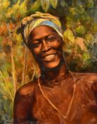 H.S. Martin (20th Century), a head and shoulders portrait of an African lady, oil on board, 19.75