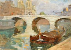 Attributed to Gustave Madelain (1867-1944) French, Barge on the Seine, Paris, oil on paper laid on