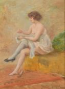 Gaston Gerard (b.1859), A semi clad woman seated sewing a stocking, oil on board, signed and dated