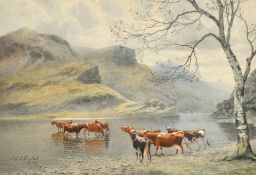 Edward J. Duval (1838-1923) British, Cattle watering at the edge of a loch with mountains beyond,