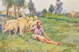 Oscar Pereira Da Silva (1867-1939) Brazilian, a shepherd and his flock in an open landscape, oil