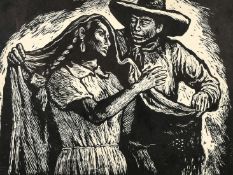 Leopoldo Mendez (1902-1969) Mexican, two wood engravings, A man helping a woman cover herself with a