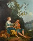 19th Century French School, A pastoral landscape with figures and sheep, oil on canvas, 36.5