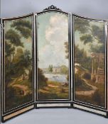 Continental School, Circa 1900, a threefold screen with elegant figures in a pastoral view